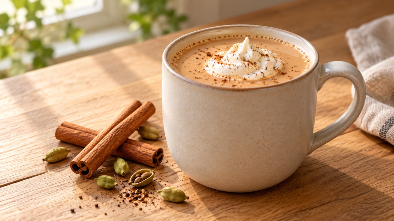 AI-generated illustration: tan milk tea with a white cream topping beside cinnamon and cardamom.