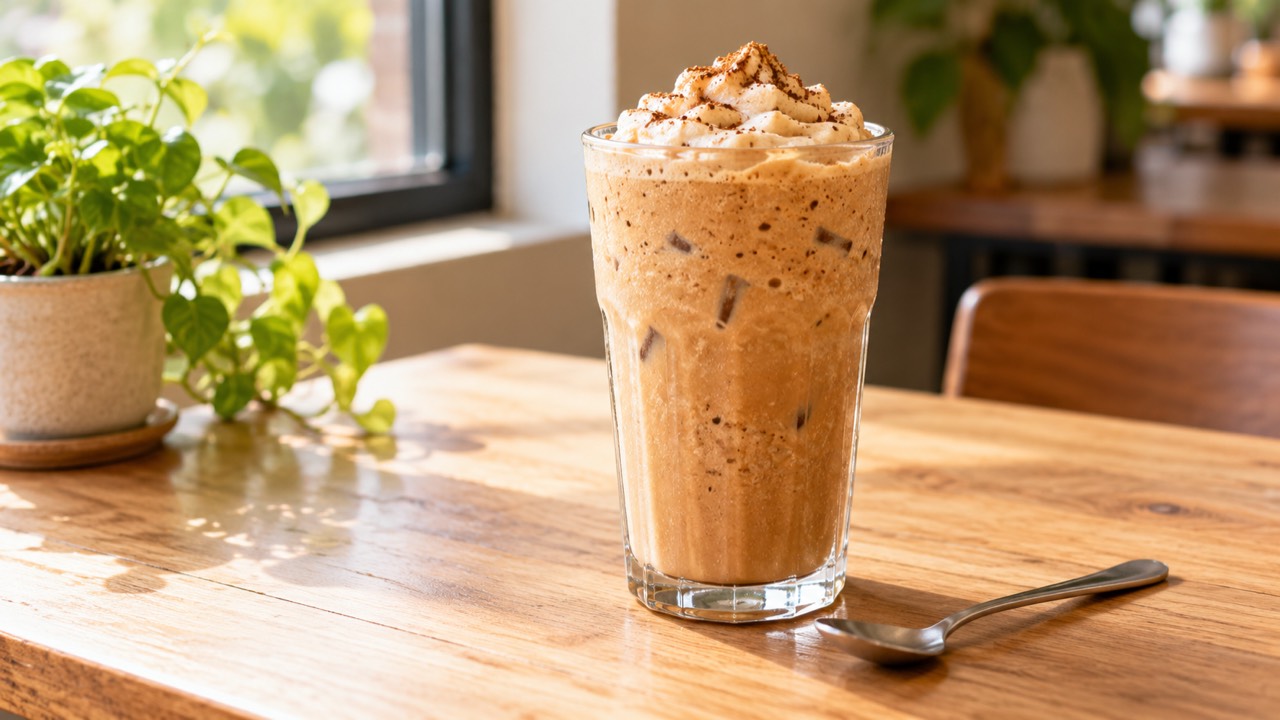 AI-generated illustration: a frothy iced coffee drink with a cream topping in a tall glass beside a spoon.