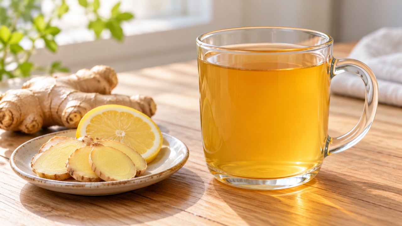 AI-generated illustration: golden tea in a clear glass mug beside sliced ginger and lemon.