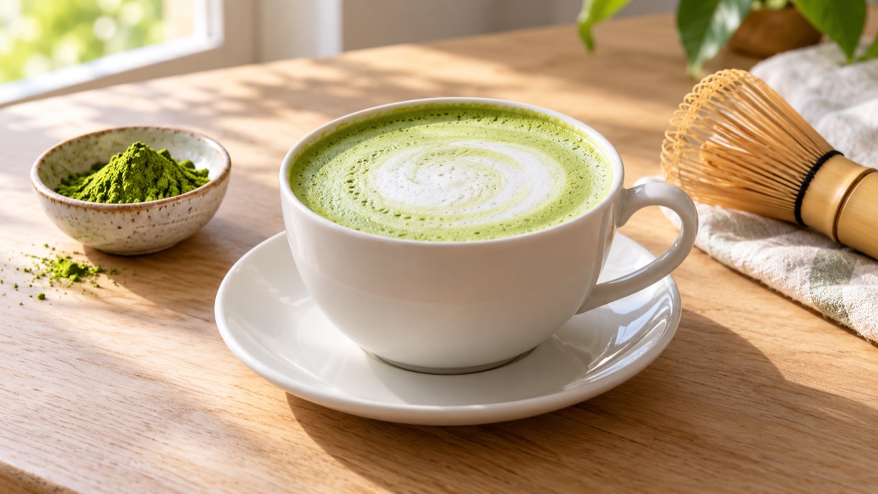 AI-generated illustration: a green matcha latte in a white cup beside a bamboo whisk and matcha powder.