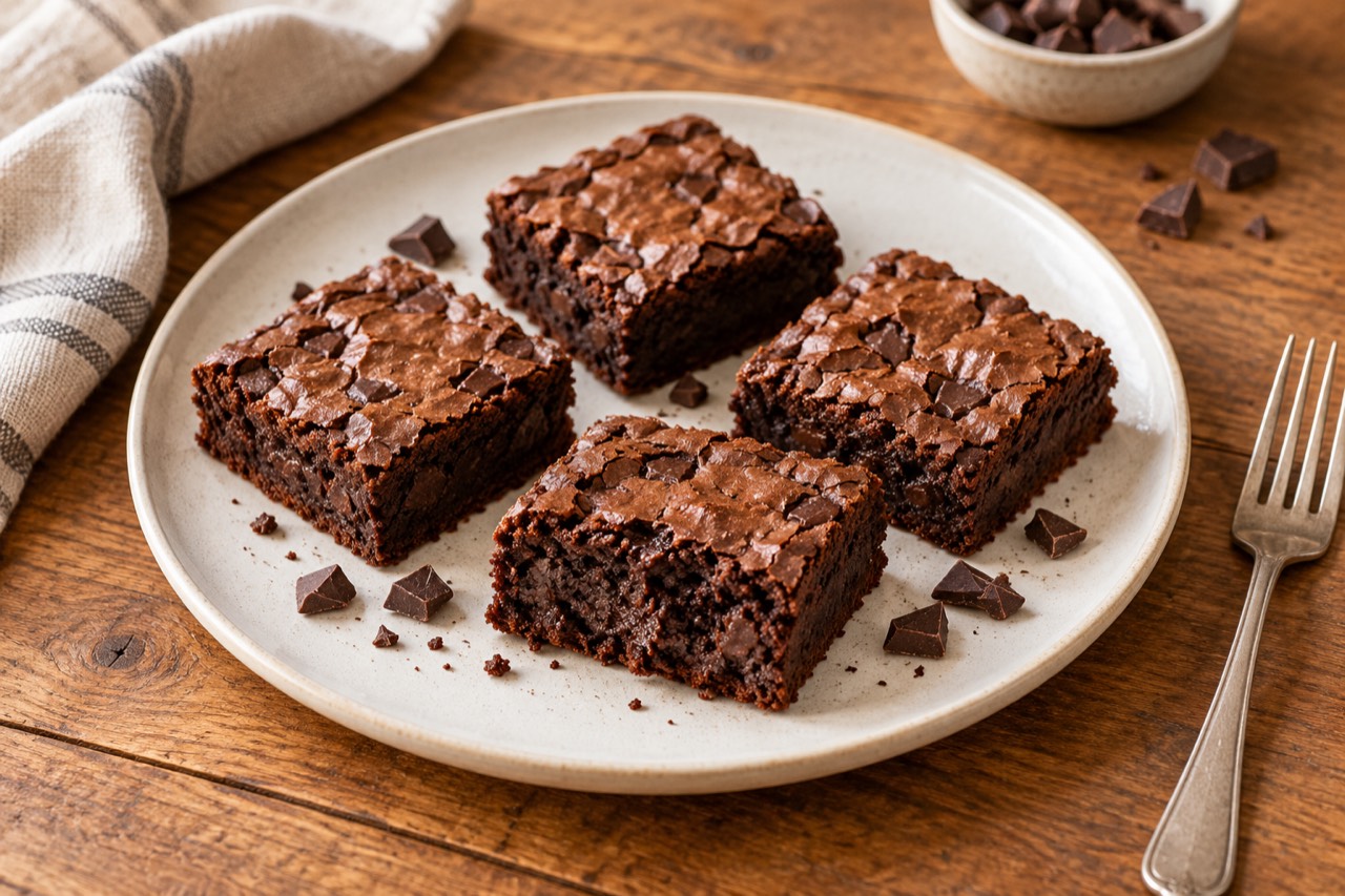 AI-generated illustration: chocolate brownie squares on a plate beside small chocolate pieces.