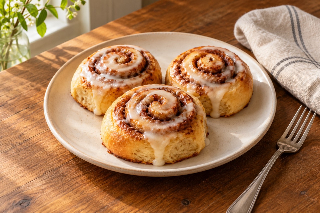 AI-generated illustration: three cinnamon rolls with pale icing on a plate beside a fork.