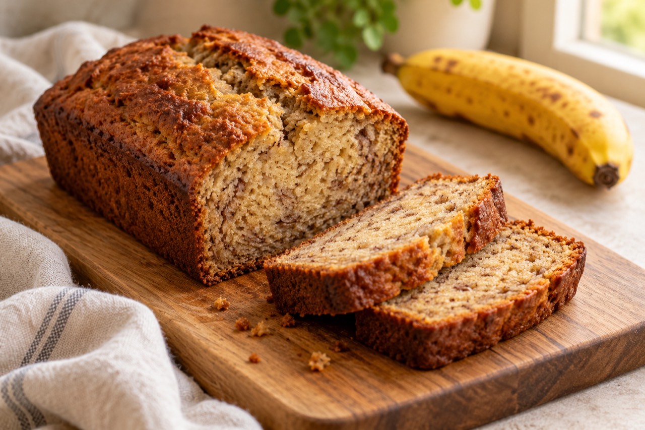 AI-generated illustration: a banana-bread loaf and two slices on a wooden board beside a ripe banana.