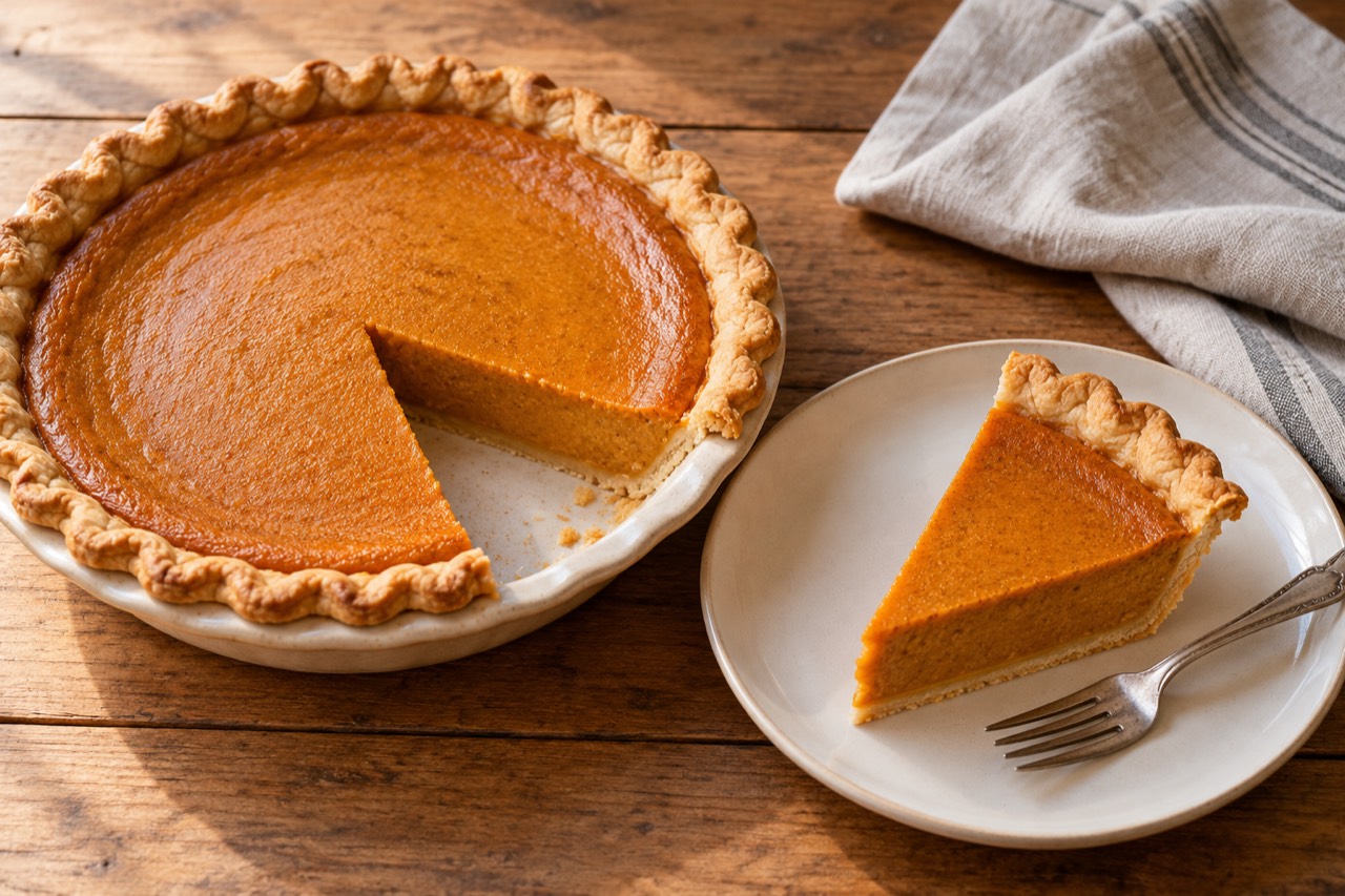 AI-generated illustration: a pumpkin pie and a plated slice on a wooden table.