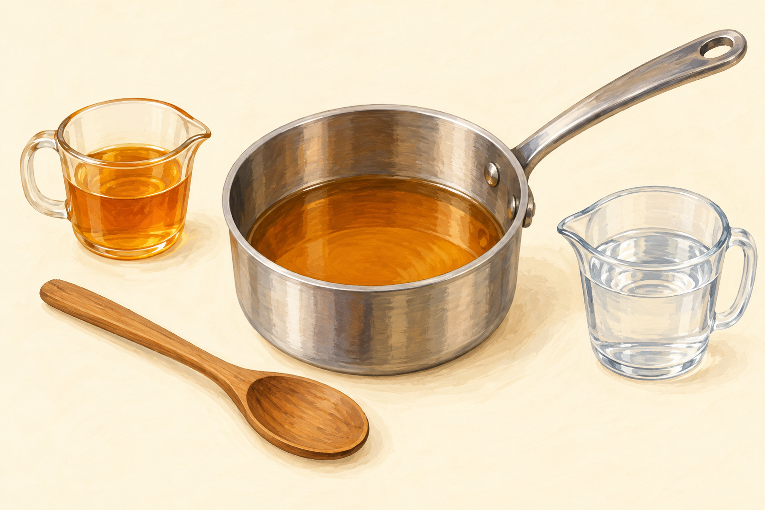 Illustration of a saucepan, spoon, honey and water.