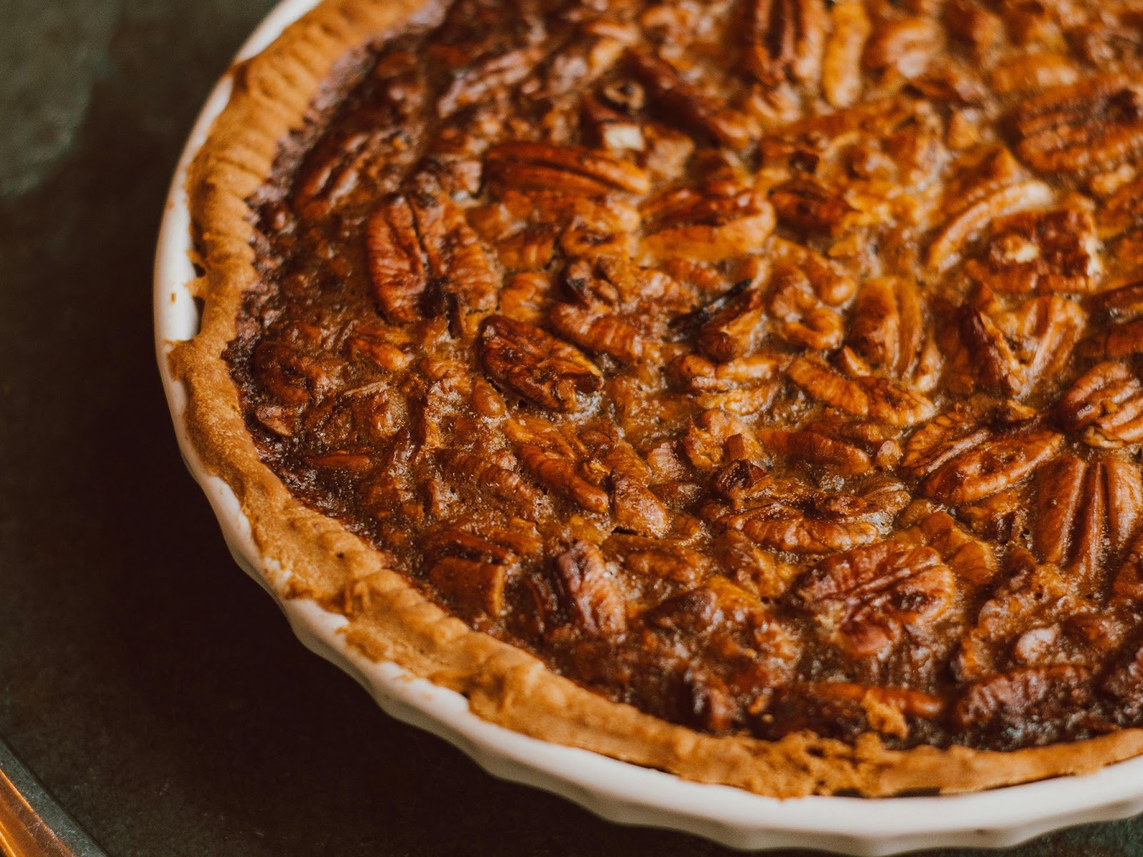 Close-up of a baked pecan pie.